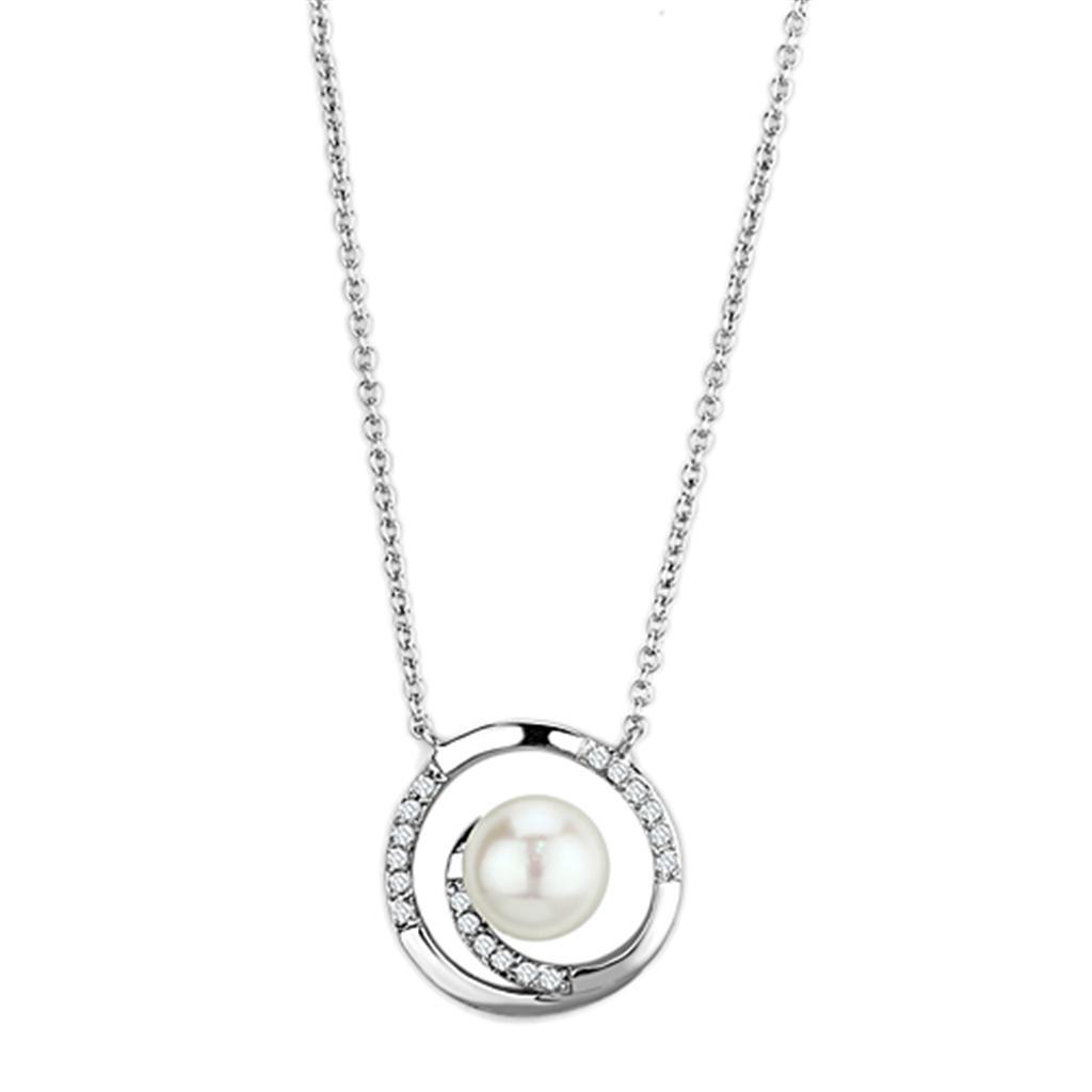 JCE444 Rhodium Brass Necklace with Synthetic Pearl in White