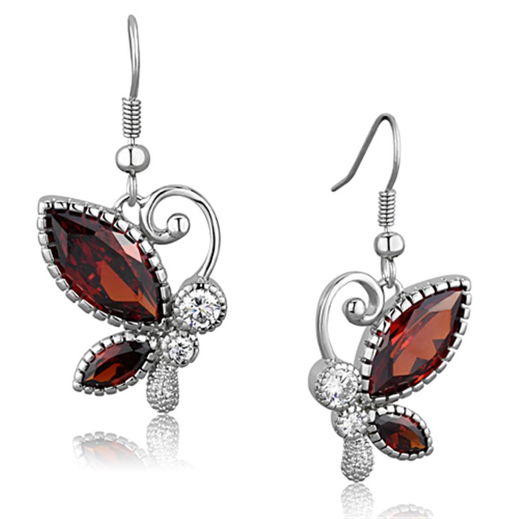 JCE613 Rhodium Brass Earrings with AAA Grade CZ  in Garnet