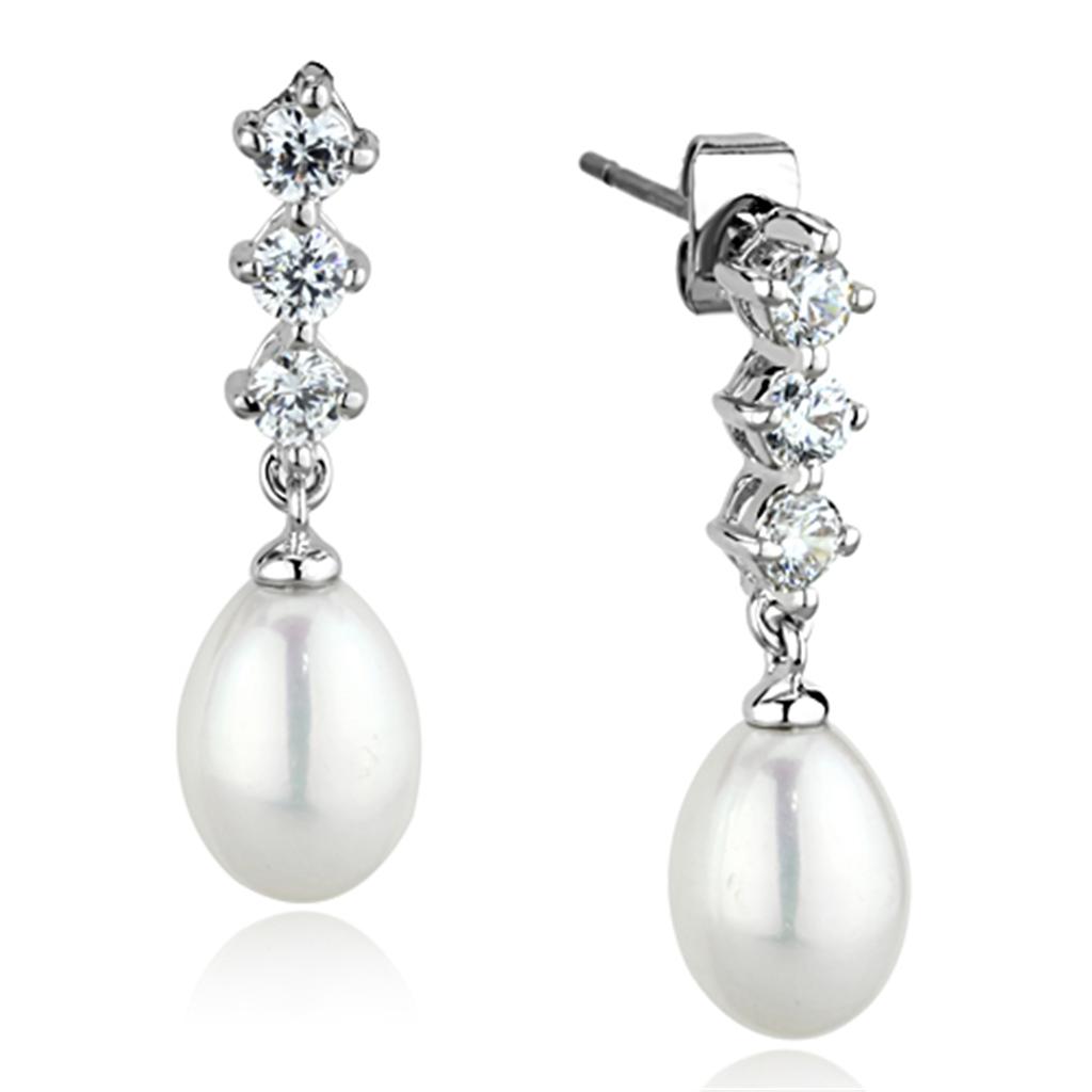 JCE679 Rhodium Brass Earrings with Semi-Precious Pearl in White