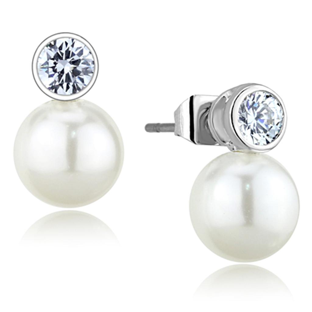 JCE681 Rhodium Brass Earrings with Synthetic Pearl in White