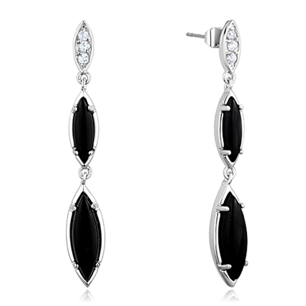JCE702 Rhodium Brass Earrings with Synthetic Onyx in Jet