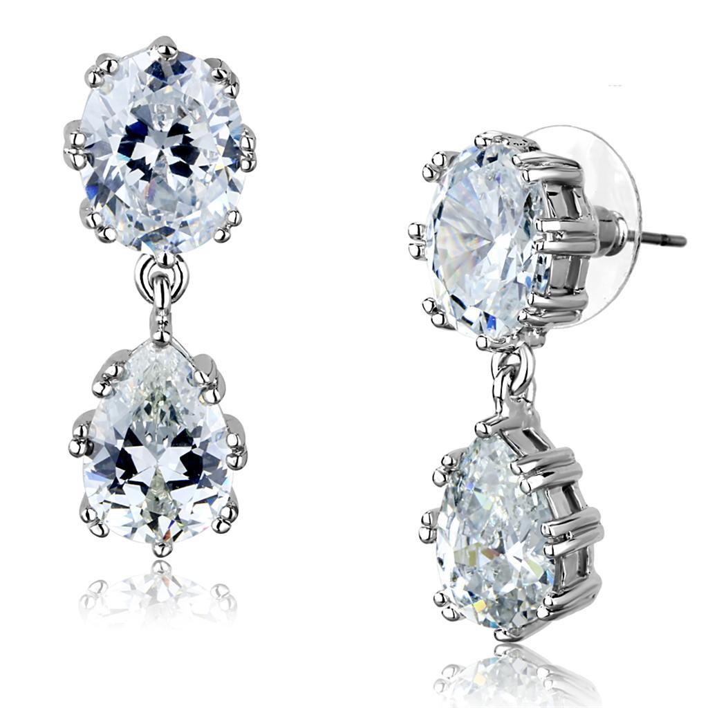 JCE897 Rhodium Brass Earrings with AAA Grade CZ  in Clear