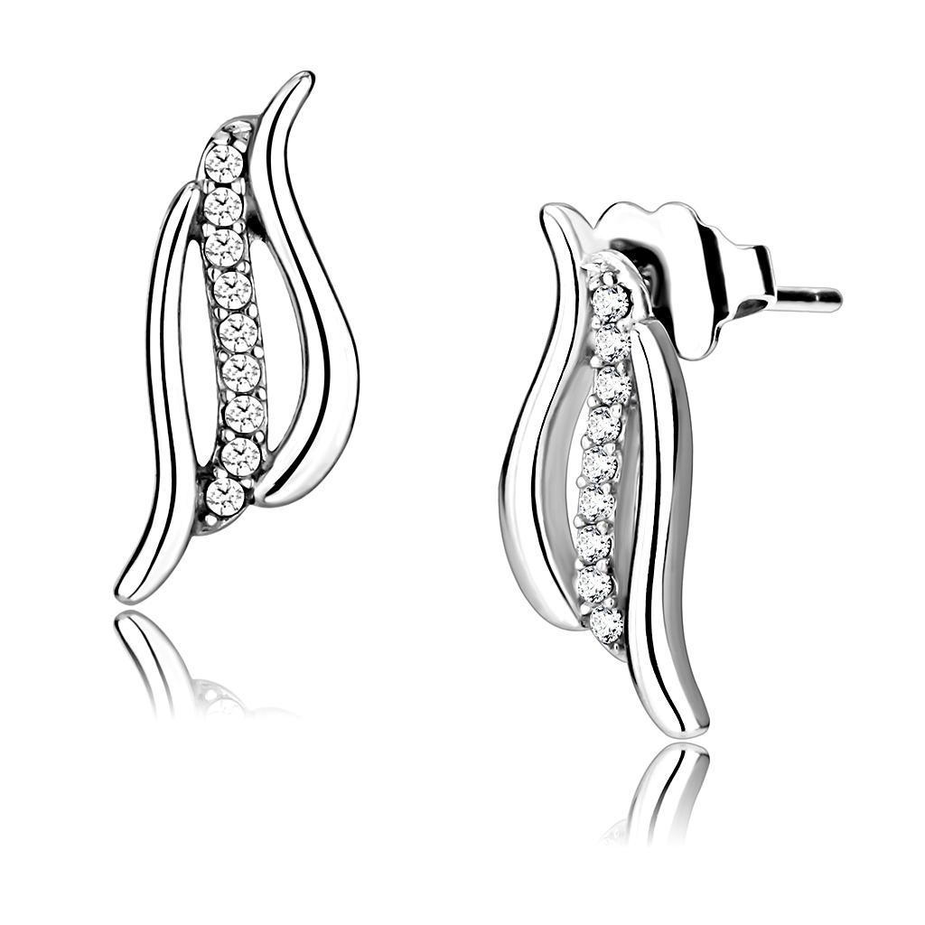 JCE175 High polished (no plating) Stainless Steel Earrings with AAA Grade CZ  in Clear