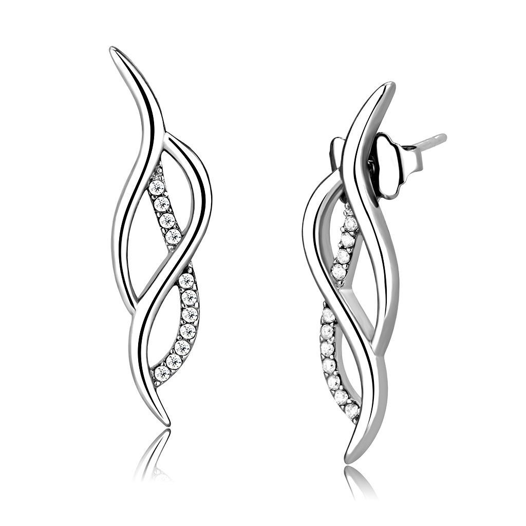 JCE187 High polished (no plating) Stainless Steel Earrings with AAA Grade CZ  in Clear
