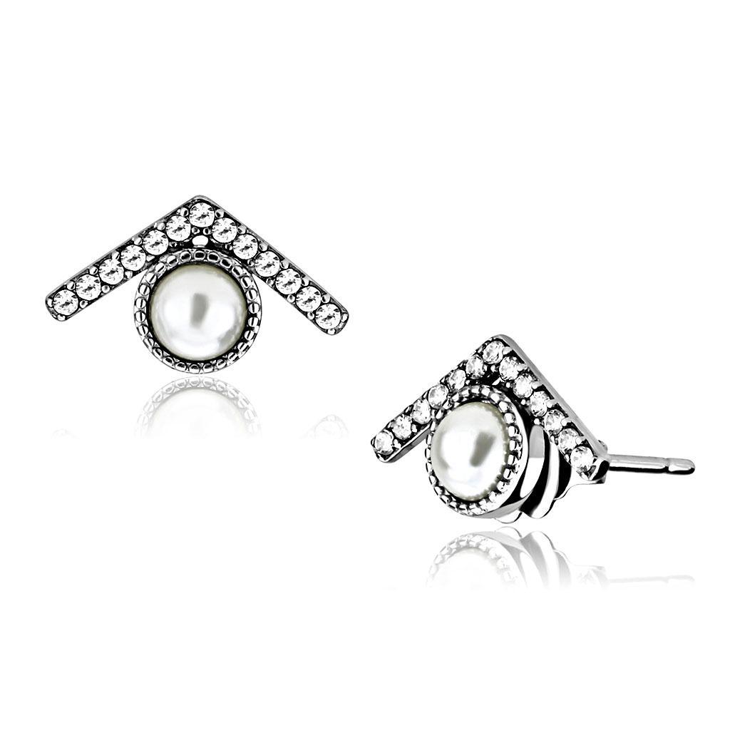 JCE216 High polished (no plating) Stainless Steel Earrings with Synthetic Pearl in White