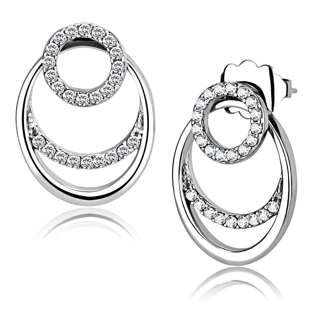 JCE219 High polished (no plating) Stainless Steel Earrings with AAA Grade CZ  in Clear