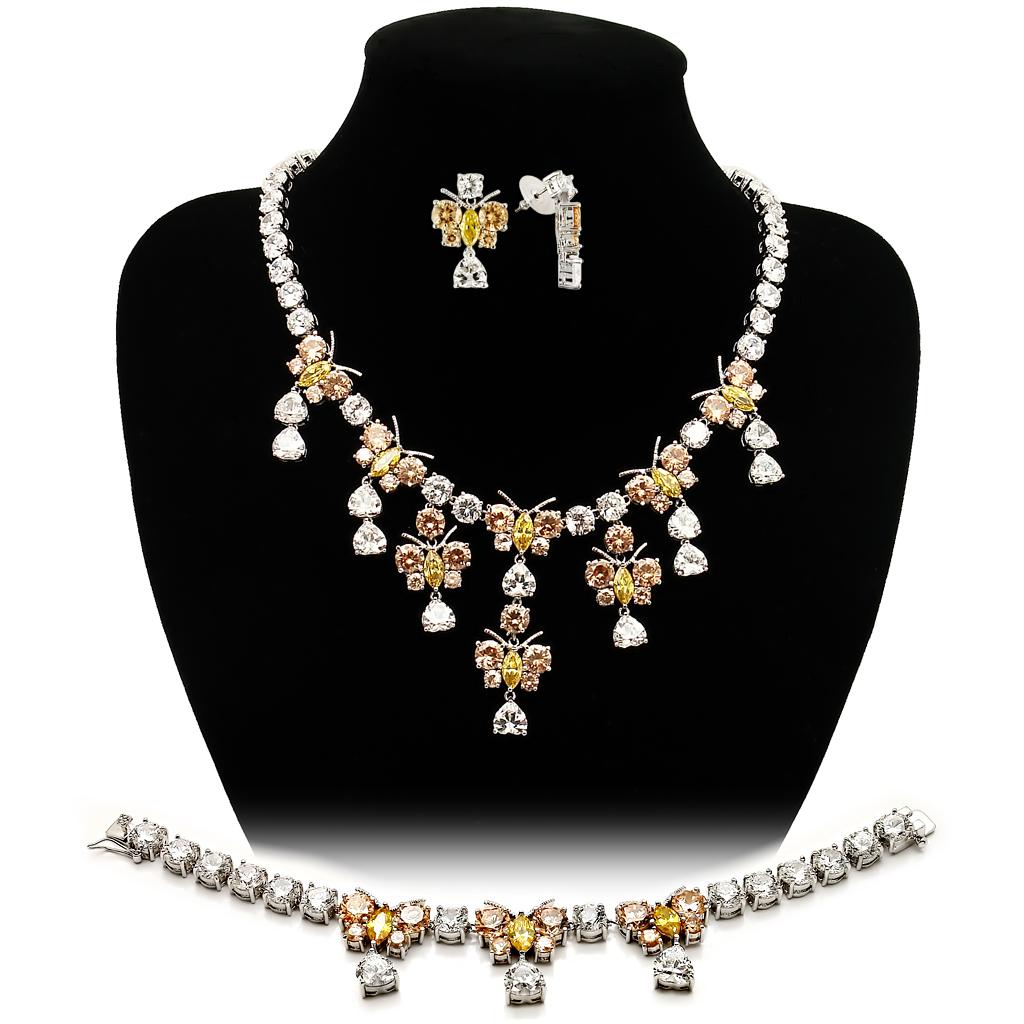 JCE1453 Rhodium Brass Jewelry Sets with AAA Grade CZ  in Multi Color
