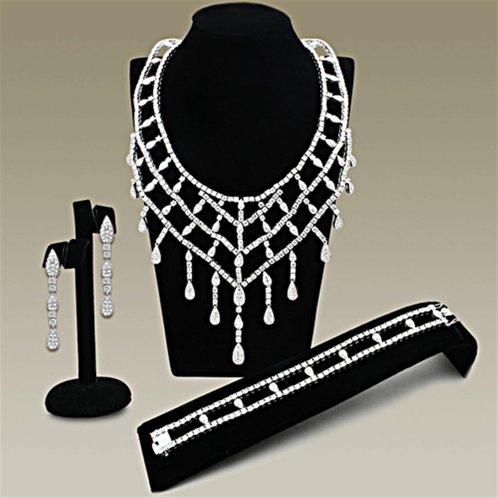 JCE2428 Rhodium Brass Jewelry Sets with AAA Grade CZ  in Clear