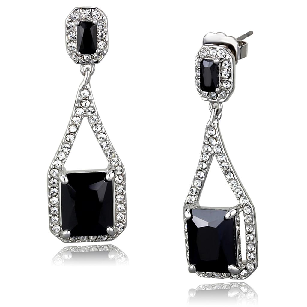 JCE3758 Rhodium Brass Earrings with AAA Grade CZ  in Jet