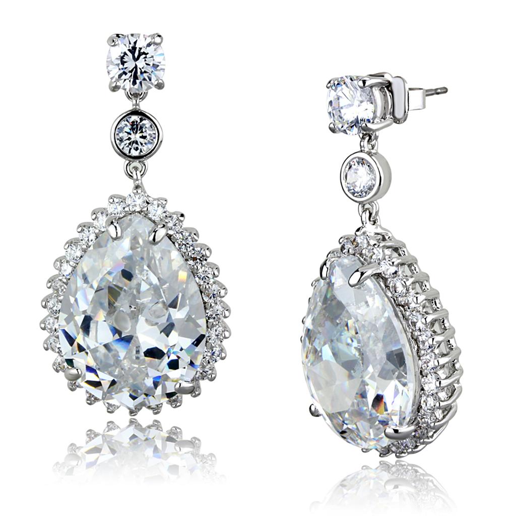 JCE3765 Rhodium Brass Earrings with AAA Grade CZ  in Clear