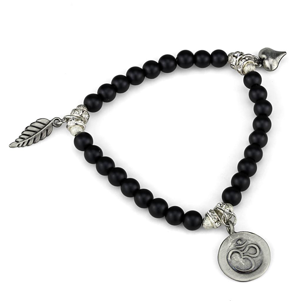 JCE3798 Antique Silver Brass Bracelet with Synthetic Glass Bead in Jet