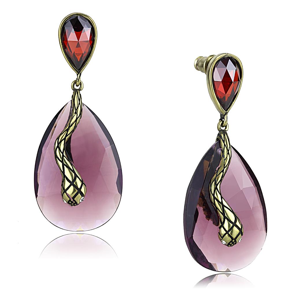 JCE4187 Antique Copper Brass Earrings with Synthetic Synthetic Glass in Amethyst