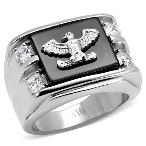 JCE02221 High polished (no plating) Stainless Steel Ring with Semi-Precious Agate in Jet
