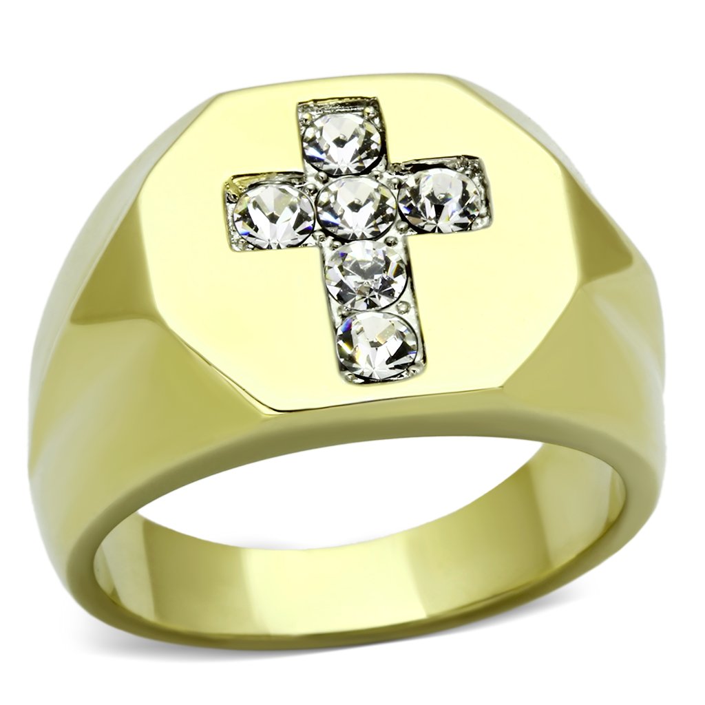 JCE1062 Two-Tone IP Gold (Ion Plating) Stainless Steel Ring with Top Grade Crystal  in Clear