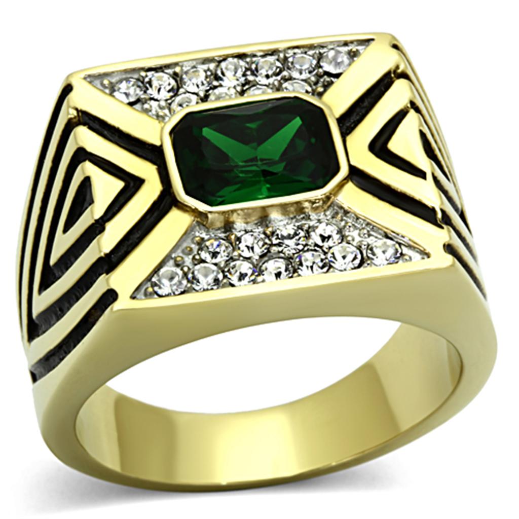 JCE1195 Two-Tone IP Gold (Ion Plating) Stainless Steel Ring with Synthetic Synthetic Glass in Emerald