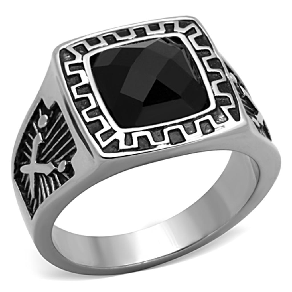 JCE1356 High polished (no plating) Stainless Steel Ring with Synthetic Synthetic Glass in Jet