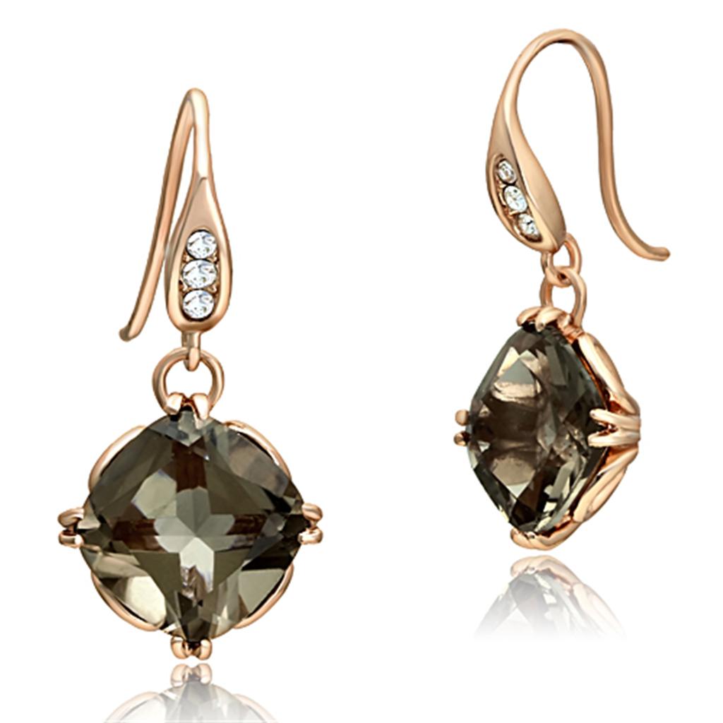 JCE1509 IP Rose Gold(Ion Plating) Stainless Steel Earrings with Semi-Precious Smoky Quarter in Light Smoked