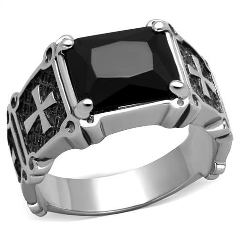JCE2055 High polished (no plating) Stainless Steel Ring with Synthetic Synthetic Glass in Jet