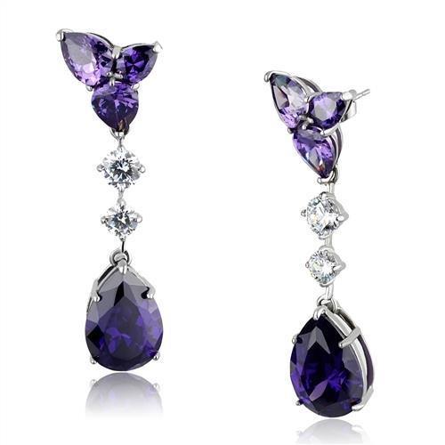 JCE2144 High polished (no plating) Stainless Steel Earrings with AAA Grade CZ  in Amethyst