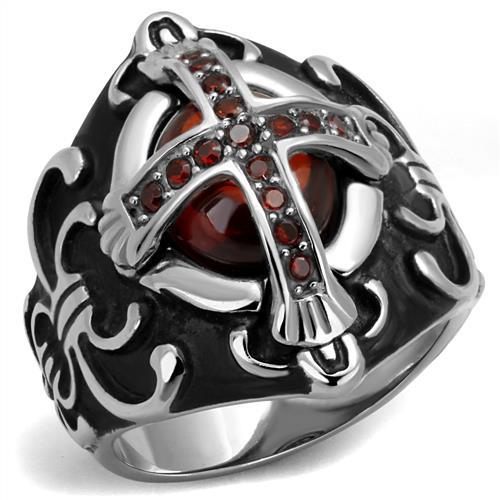 JCE2507 High polished (no plating) Stainless Steel Ring with AAA Grade CZ  in Garnet