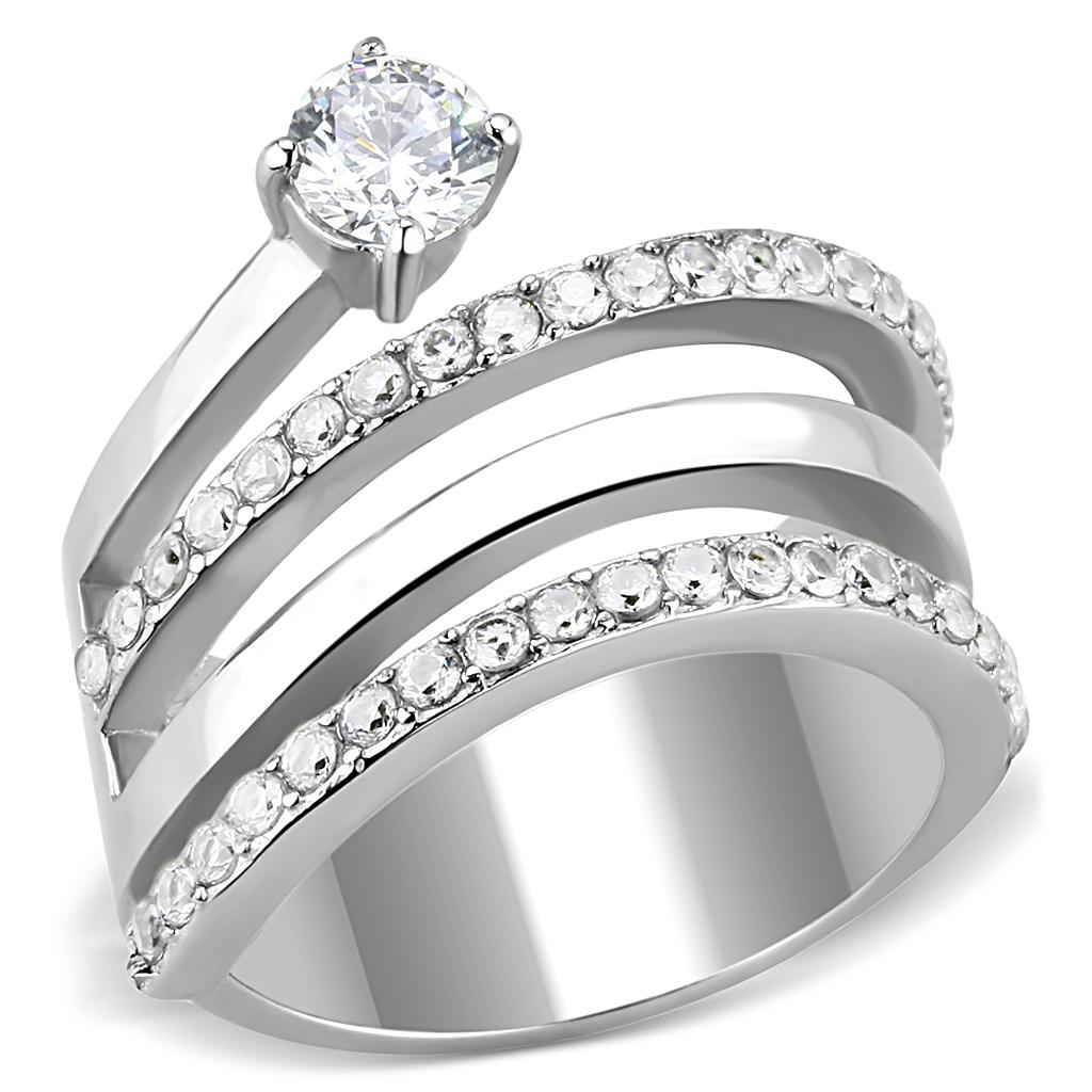 JCE3254 High polished (no plating) Stainless Steel Ring with AAA Grade CZ  in Clear