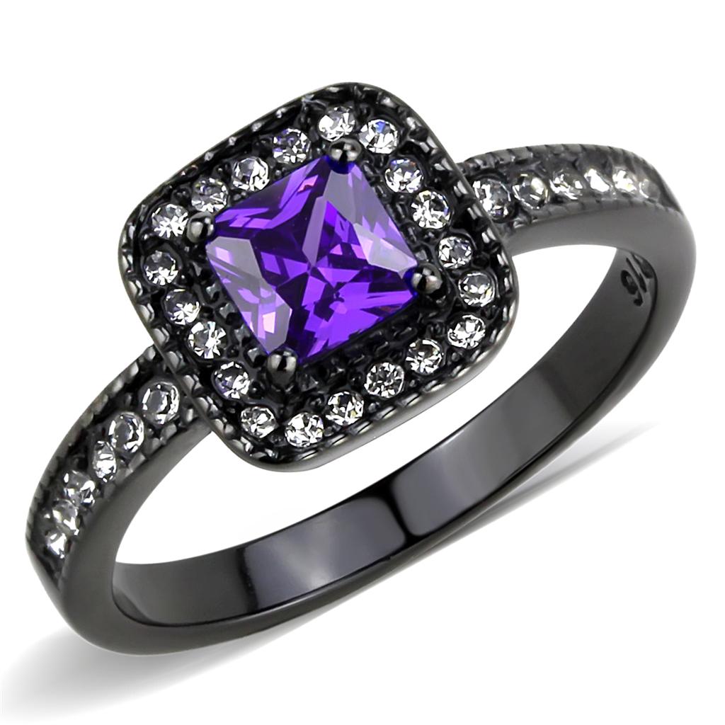JCE3450 IP Black(Ion Plating) Stainless Steel Ring with AAA Grade CZ  in Tanzanite