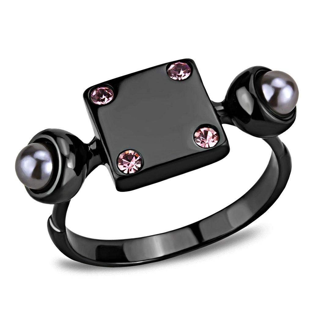 JCE3513 IP Light Black  (IP Gun) Stainless Steel Ring with Synthetic Pearl in Gray