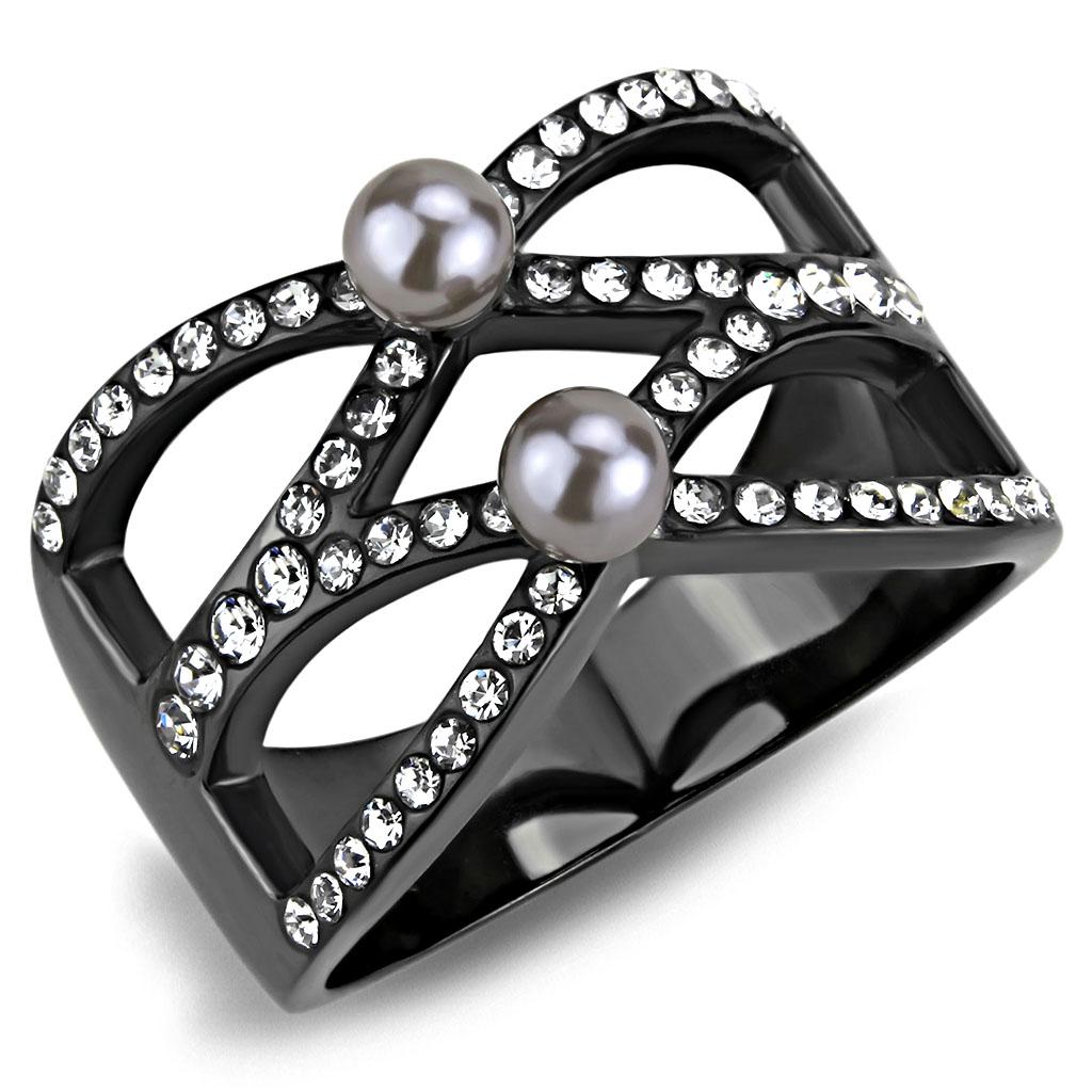 JCE3515 IP Light Black  (IP Gun) Stainless Steel Ring with Synthetic Pearl in Gray