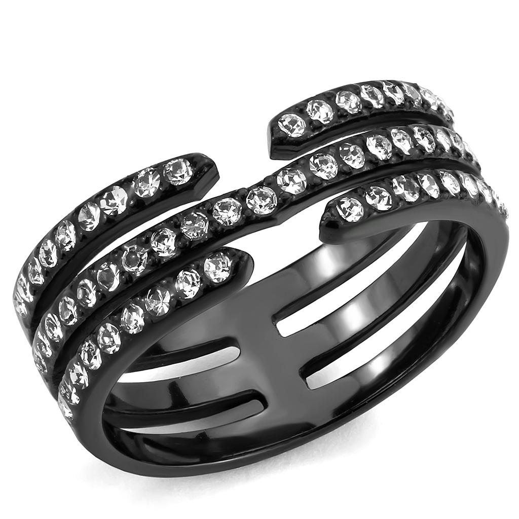 JCE3594 IP Black(Ion Plating) Stainless Steel Ring with Top Grade Crystal  in Clear