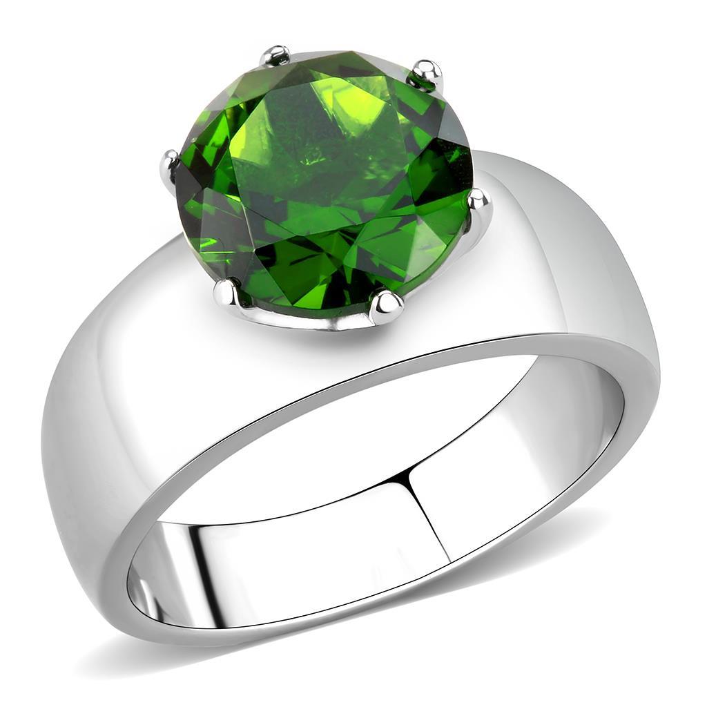 JCE52008 High polished (no plating) Stainless Steel Ring with Synthetic Synthetic Glass in Peridot