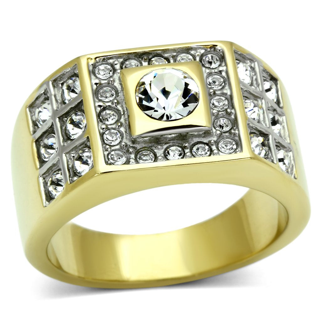 JCE762 Two-Tone IP Gold (Ion Plating) Stainless Steel Ring with Top Grade Crystal  in Clear