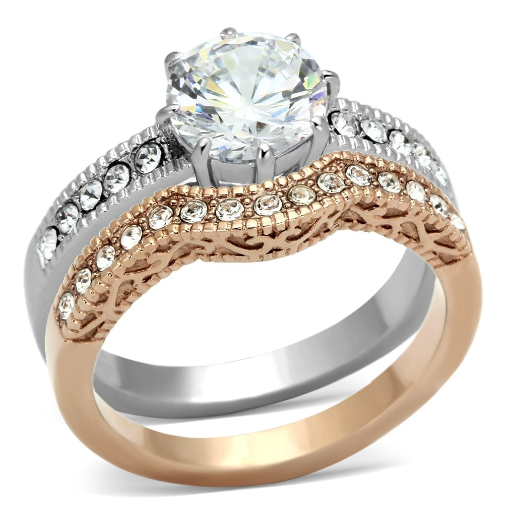 JCE966 Two-Tone IP Rose Gold Stainless Steel Ring with AAA Grade CZ  in Clear