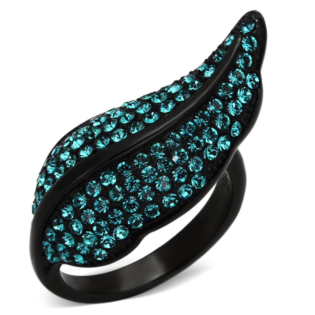 JCE985 IP Black(Ion Plating) Stainless Steel Ring with Top Grade Crystal  in Blue Zircon